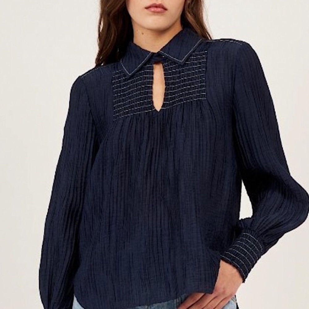 Joie Anaise Long Sleeve Collared Button Navy Blouse, NEW